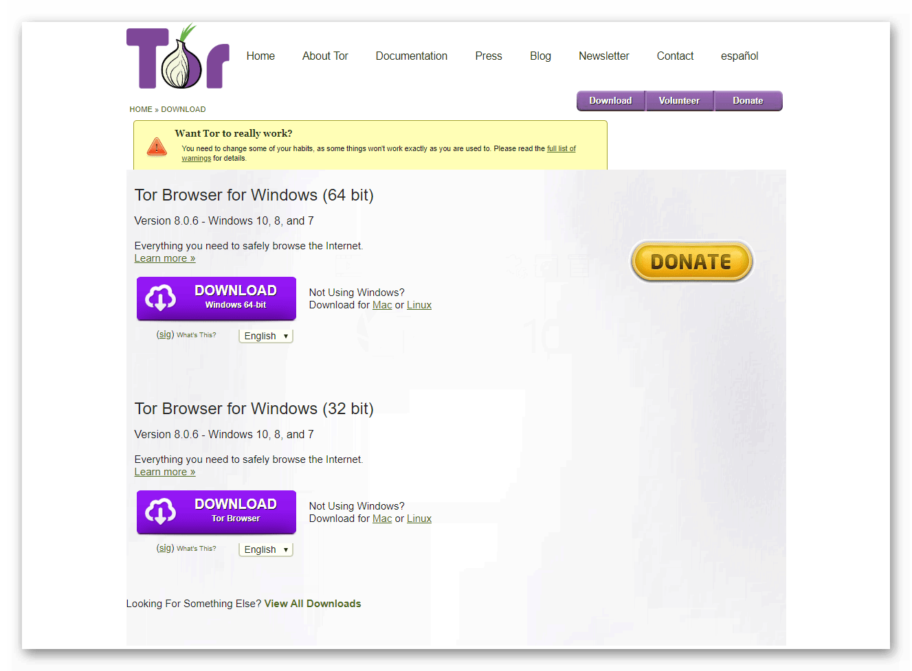 Страница загрузки Tor Browser Portable